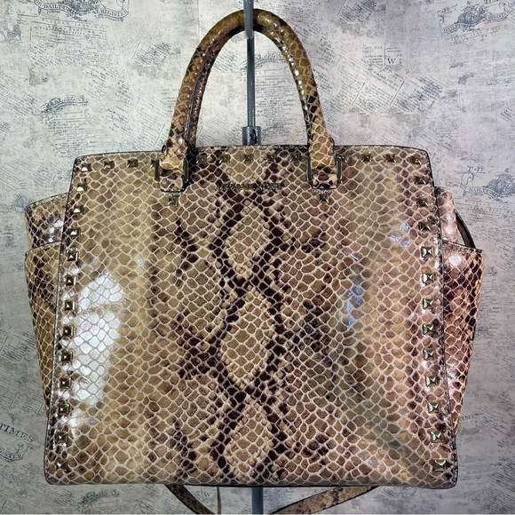 Michael Kors Selma Stud Leather Snakeskin Large Handbag Purse Tote - Picture 1 of 15